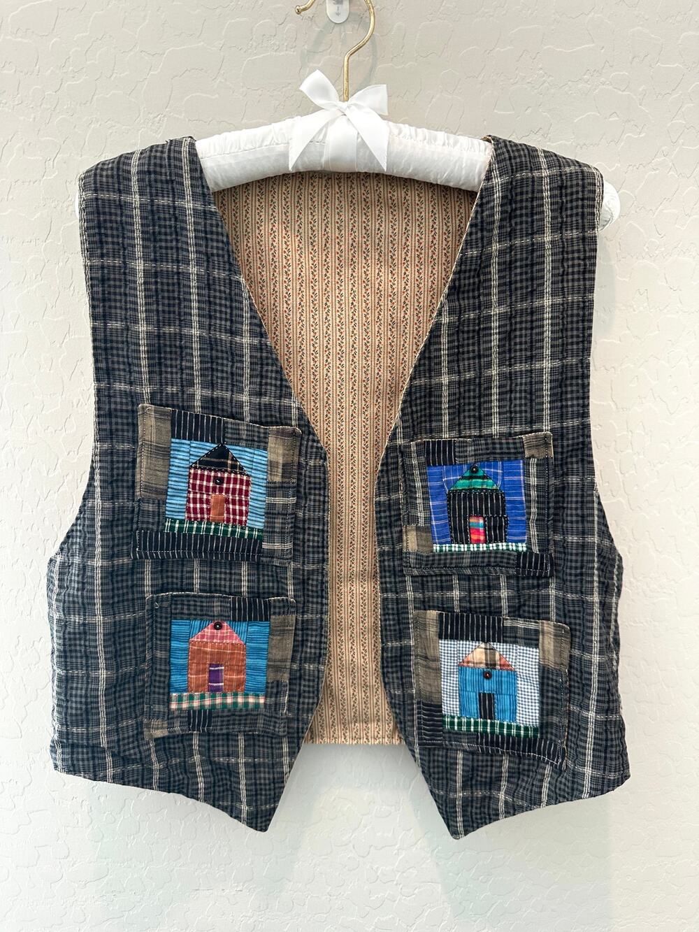 HANDMADE Patchwork Quilt Vest Cottagecore Folk Art House Appliqué Plaid Vest